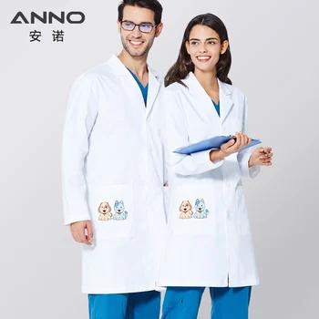 

ANNO White Lab Coat Elastic Fabric Doctor Uniform Outfit Outwear Medical Clothing Scrubs Suit with Cartoon Cat Dog