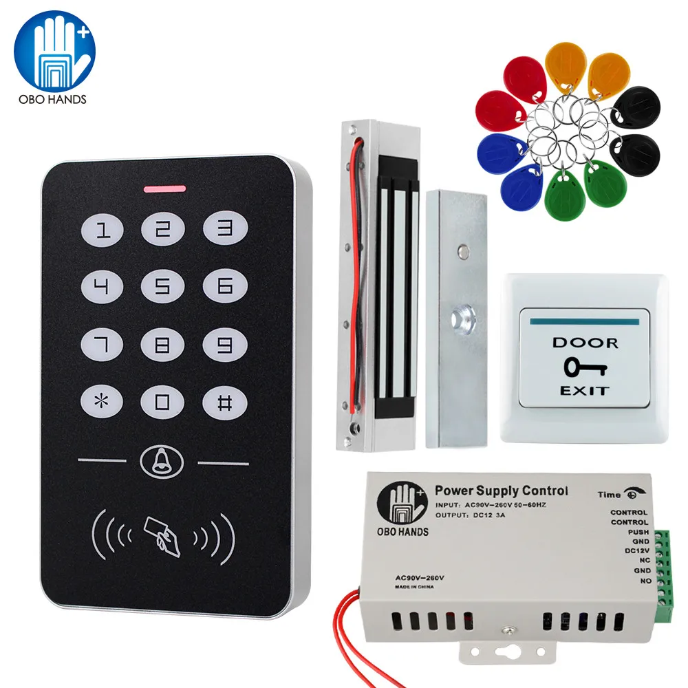 OBO Hands Door Access Control System Kit RFID Keypad + Power Supply + Electric 180KG Magnetic Lock Strike Door Locks for Home