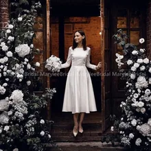 Винтажный белый короткий цвет слоновой кости свадебное платье с длинными рукавами трапециевидной формы Robe De Mariee простой чай Длина Формальное свадебное платье для женщин