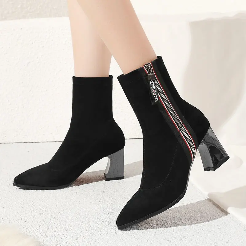 

Ankle Boots Women Faux Suede Square High Heels Stretch Boots Fashion Pointed Toe Zipper Boots Autumn Winter Female Shoes Black