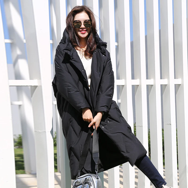 Winter Hooded Loose Women down coat White Long Warm Female down jacket Casual Elegant Outwear Black Fashion YNZZY 9O071