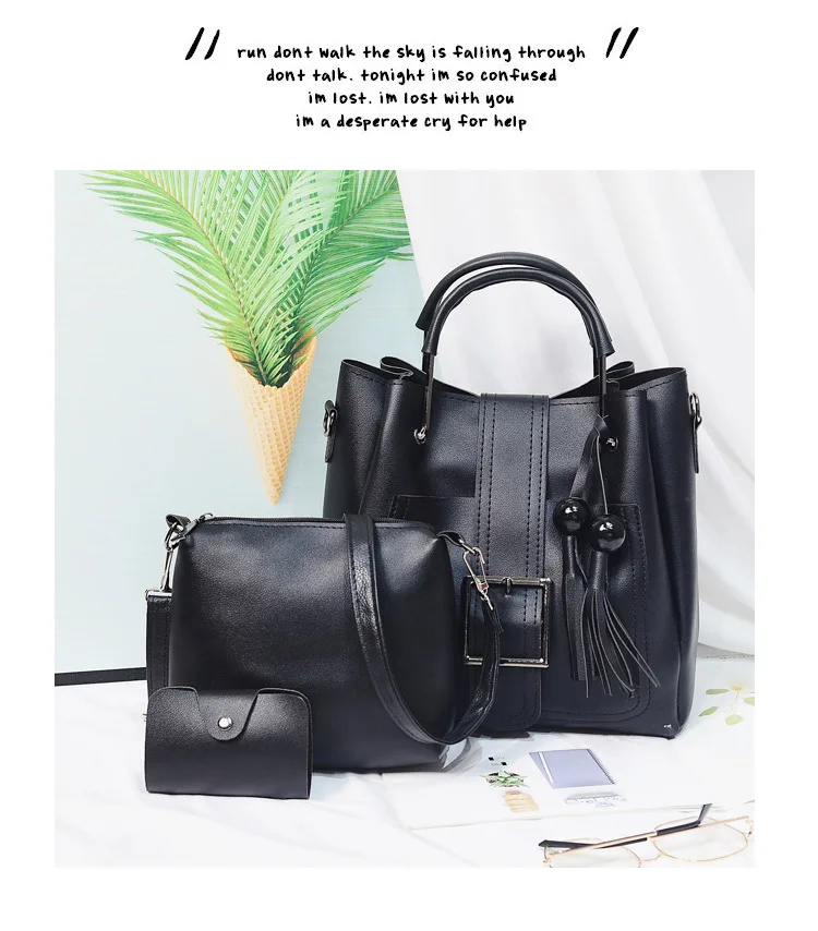 

2019 New Style Fashion Cool Pu Hand Shoulder Different Size Bags Korean-style Simple Wooden Bead Three-piece Set