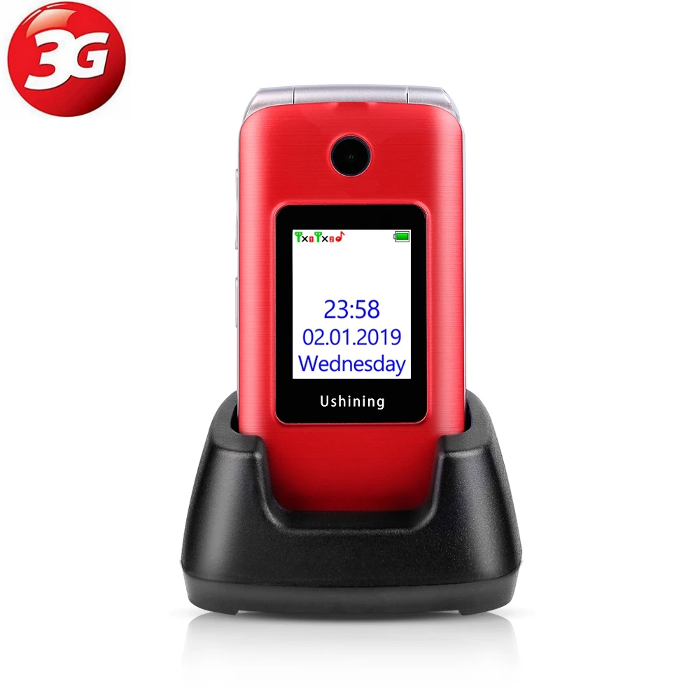  Ushining 3G Mobile Flip Phone Feature Phone Dual Screen Dual SIM Red 3G Unlocked Senior Phones Big 