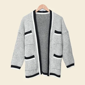 

Contrast Color Placket More Pocket Loose Lazy Knitting Cardigan E19magda91015