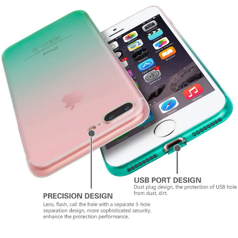 Ультра тонкий двойной градиент цвета чехол для iPhone X XR XS Max 6 6S 7 8 Plus Прозрачный мягкий силиконовый разноцветный чехол