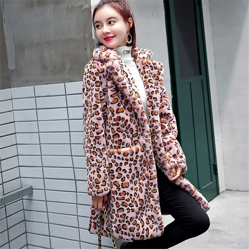 pink leopard Пальто из искусственного меха Леопардовый принт модные зимние куртки парка Женская Длинная тонкая плюшевая Меховая куртка Верхняя одежда плюс размер f1807 - Цвет: pink leopard