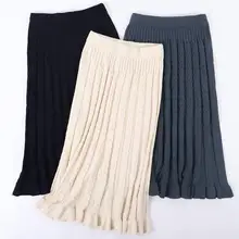 Новые женские эластичные трикотажные юбки с высокой талией, юбки с оборками в стиле ампир, вязаные юбки средней длины, плотные повседневные юбки осень-зима