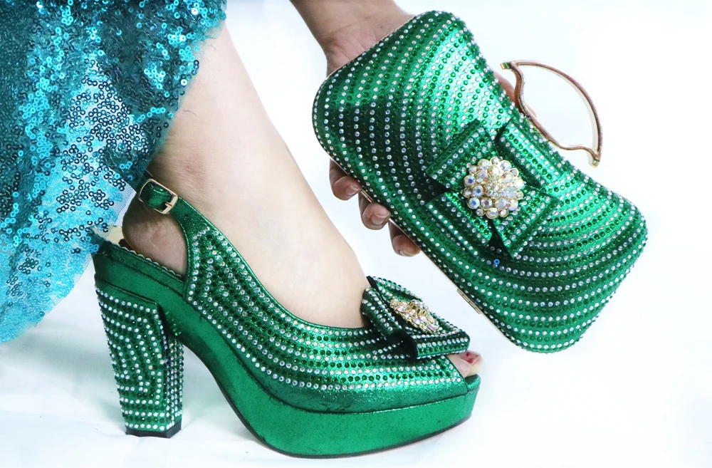 

Nigeria green italian shoes and bag matching set 4 inches sandal shoes with matching clutches bag 2020 new designs SB8460-2