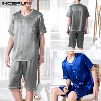 

Summer Men Pajamas Sets Breathable Short Sleeve Soft Homewear Tops Shorts Solid Color Nightwear Mens Sleepwear Sets INCERUN 2020