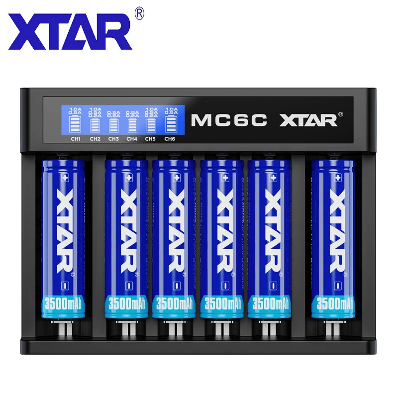 Зарядное устройство XTAR MC6C, умное ЖК-зарядное устройство, 5 В, 3 А, USB кабель, вход постоянного тока, TC, CC, CV, зарядка, 3,6 В, 3,7 в, литий-ионный аккумулятор, 18650