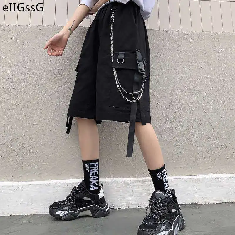 2021 Summer Women's Overalls Shorts Women Loose Straight Casual Shorts Fashion Stretch Waist Handsome Black Knee-length Shorts