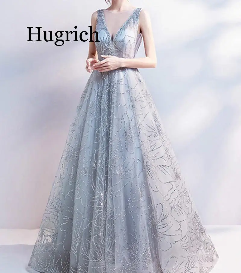 

Light Gray V-Neck Luxury Dresses Bling Sequined Floor Length Famous Designer Party Formal Dress