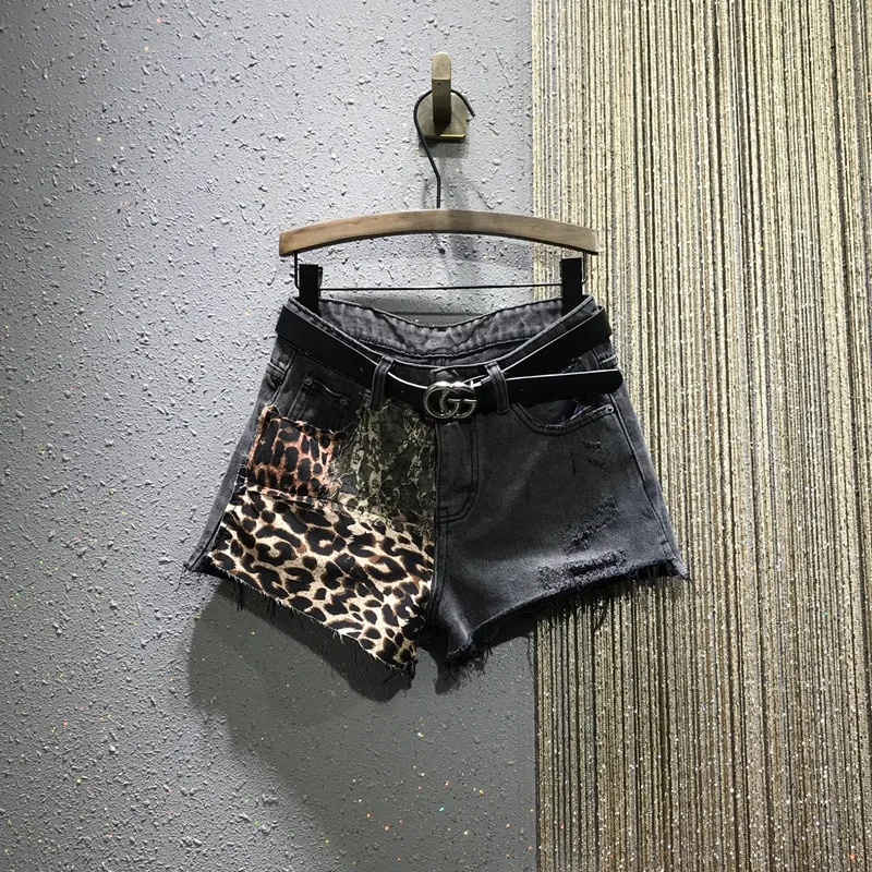 

European 2020 Spring Summer New Personality Leopard Stitching High Waist Loose Washed Jeans Shorts