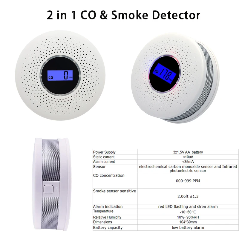 Wireless Combination Smoke & CO Alarm Carbon Monoxide Detector Fire Sensor 85dB Built in Voice Alert Battery Powered Easy Use