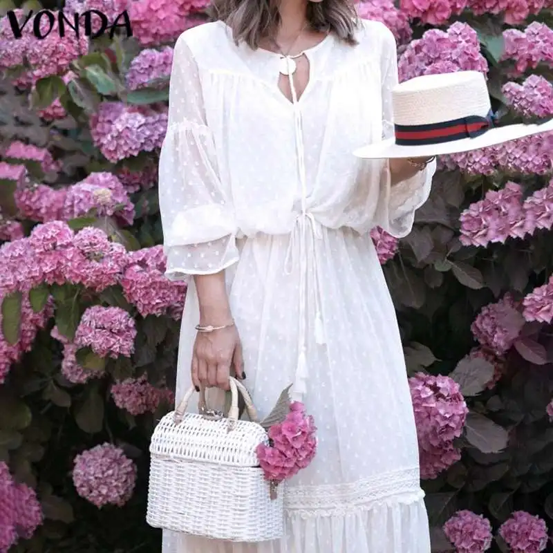 

VONDA Summer Autumn Maternity Long Maxi Dress Women Sexy V Neck 3/4 Sleeve Fashion Solid Party Dresses Bohemian Vestidos