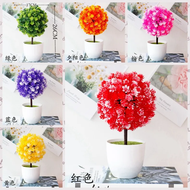 

17X26m 51Heads Artificial Flower Ball Potted Bonsai Home Garden Bedroom Balcony Decoration Small Desktop Mini Plants Bonsai