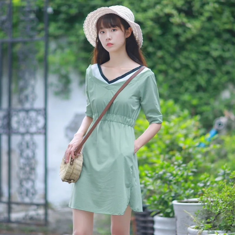 

Japanese-style Mori Girl Line 2019 Summer Wear Fresh Solid Color Versatile Slim Fit Slimming Deep V-neck Mixed Colors Cotton Lin