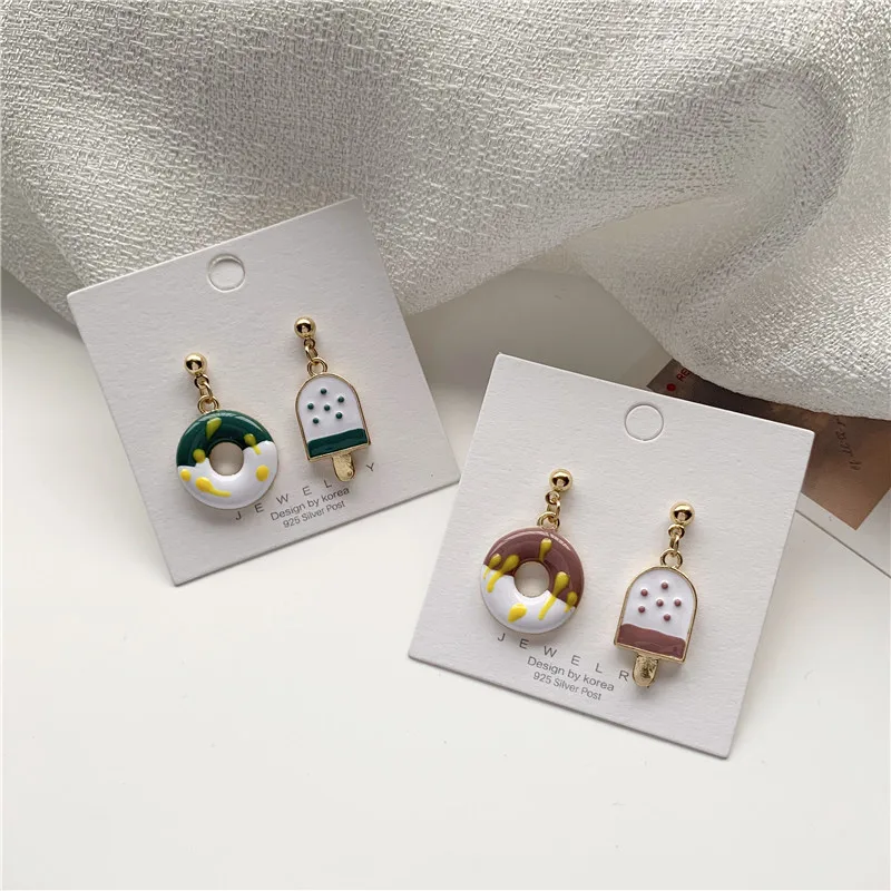 

Women S925 Silver Needle Ear Stud Earring Cute Asymmetric Ice Cream Donuts Earrings Sweet Girl Fashion Jewelry