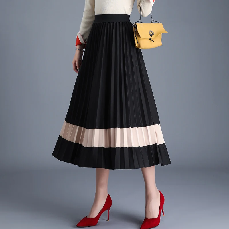 Korean Fashion Pleated Skirts Womens Elegant Woman High Waist Skirt Woman Patchwork Midi Skirts Faldas Mujer Moda OL Long Skirt