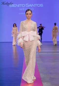 

Halinfer 2019 new summer women dress sexy bodycon v-neck sequins bow long dress elegant celebrity party Beige dresses vestidos