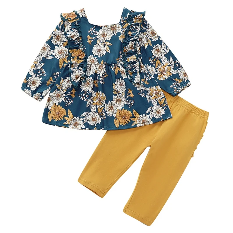 

WEIXINBUY Toddler Kid Baby Girl Clothing Set Costume Long Flare Sleeve Flower Pattern T-shirt Blouse Dress+Pants Trousers Set