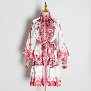 

High Quality Runway Dress 2020 Spring New Women Elegant Lantern Sleeve Stand Neck Vintage Print Casual Holiday Dresses