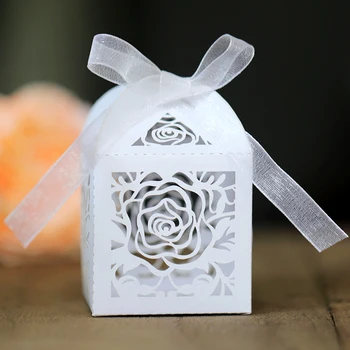 

50pcs Rose Flower Candy Box With Ribbon DIY Paper Hollow Chocolate Wedding Decoration Favors And Gift Box Christmas Supples