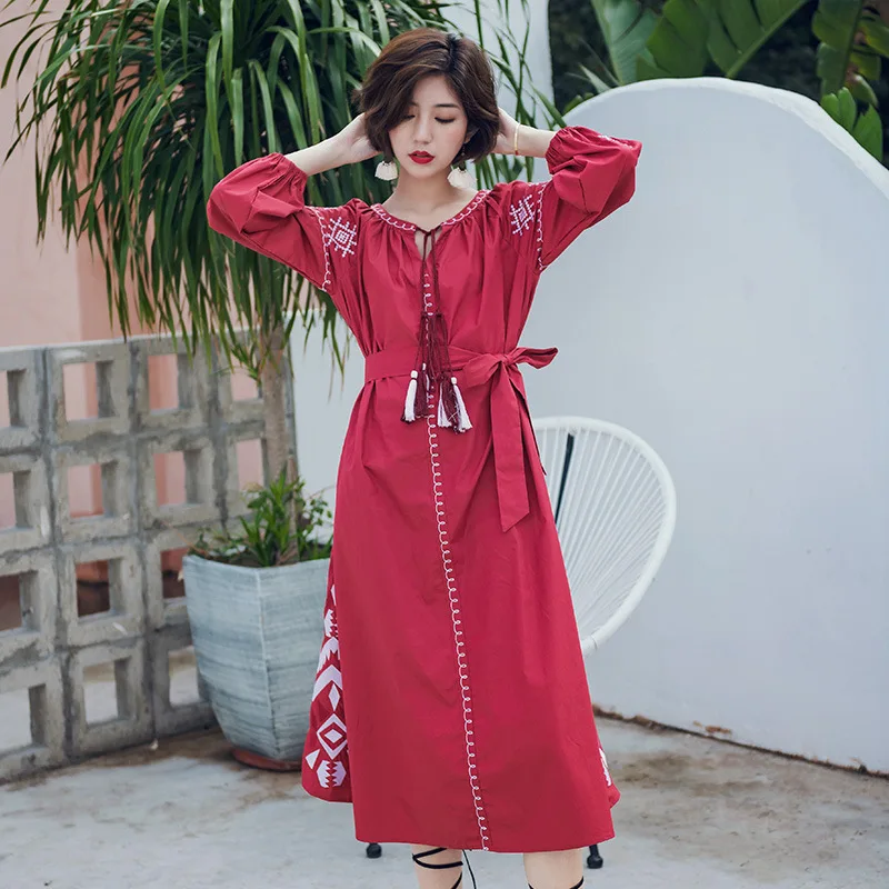 

Thailand Phuket Sanya Beach Skirt Women's Seaside Holiday Bohemian Dress Red Embroided Dress Summer