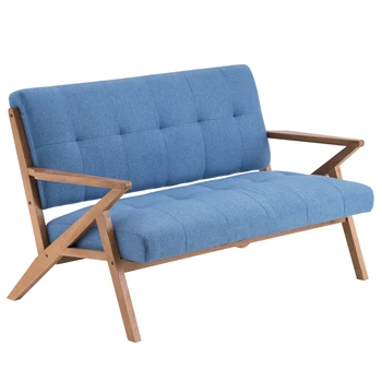

(126 x 85 x 82.5cm) Solid Wood K-type Retro Double Sofa Chair Light Blue 【US warehouse】Drop Shipping