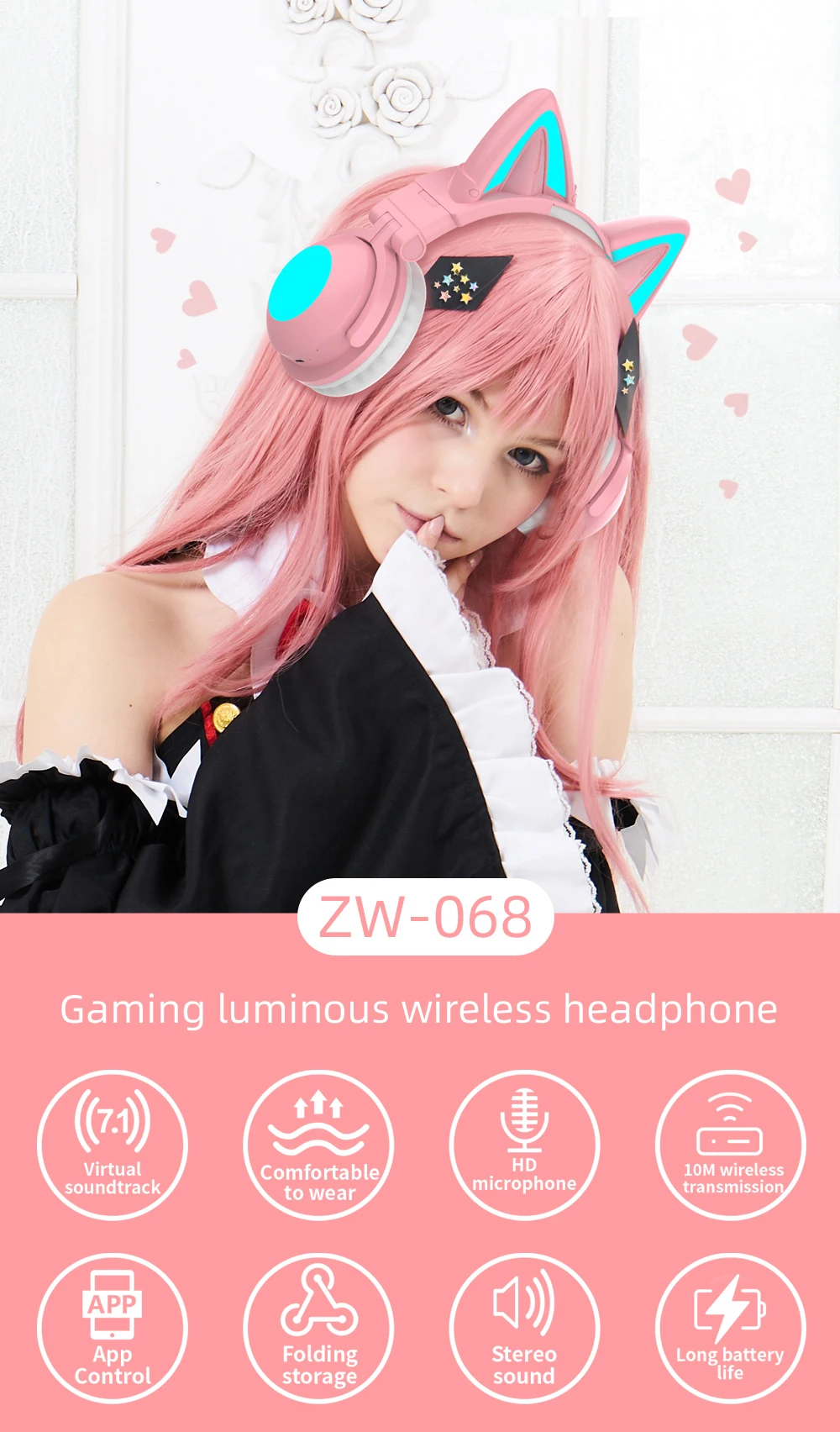 New ZW068 Bluetooth5.0 Headphone Wireless Headset With HD Microphone Cat Ear Cute LED Light Flashing for Girl Gift