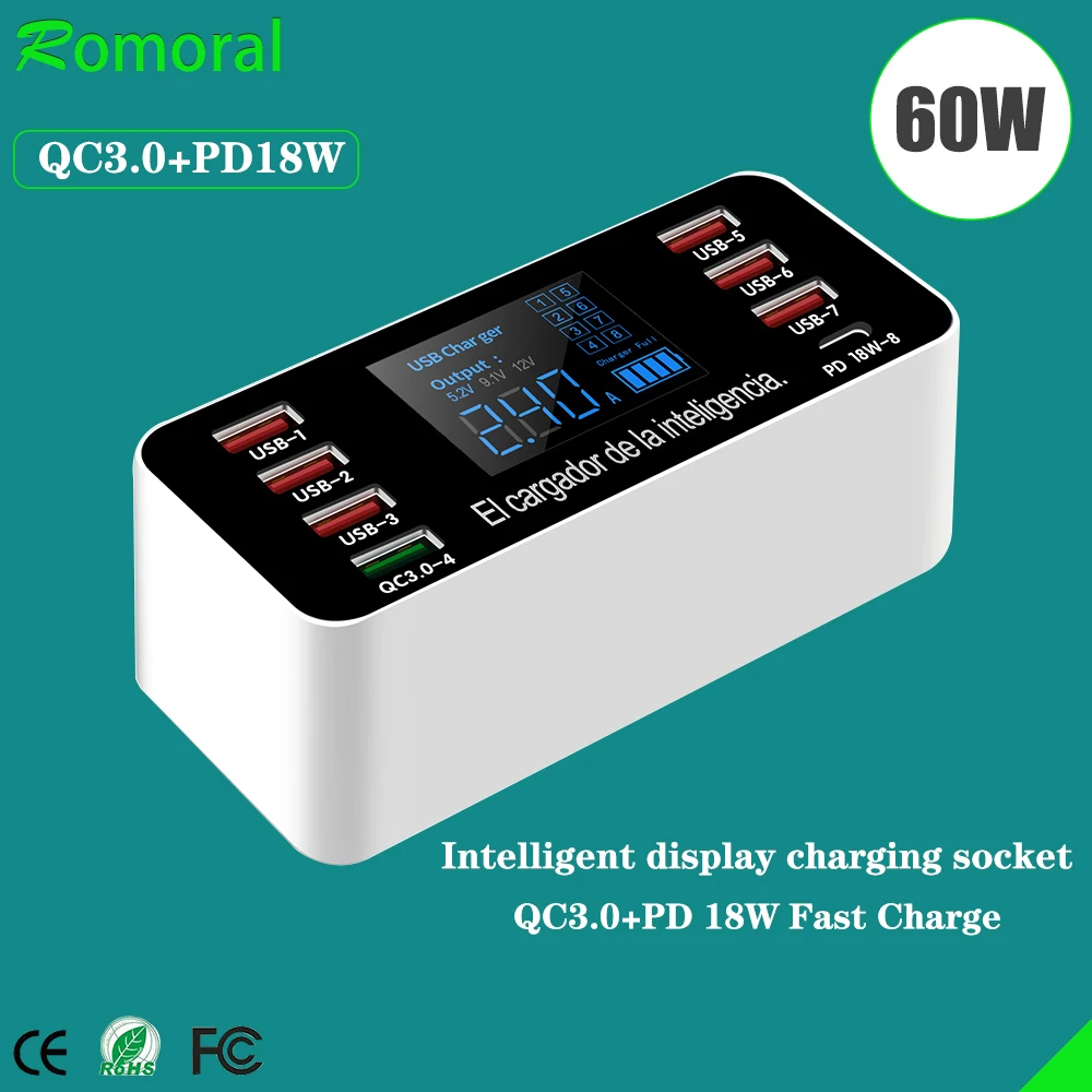 

QC3.0 Quick Charge PD18W Smart Charger Station 8 Ports 60W Fast Charging with LCD Digital Display