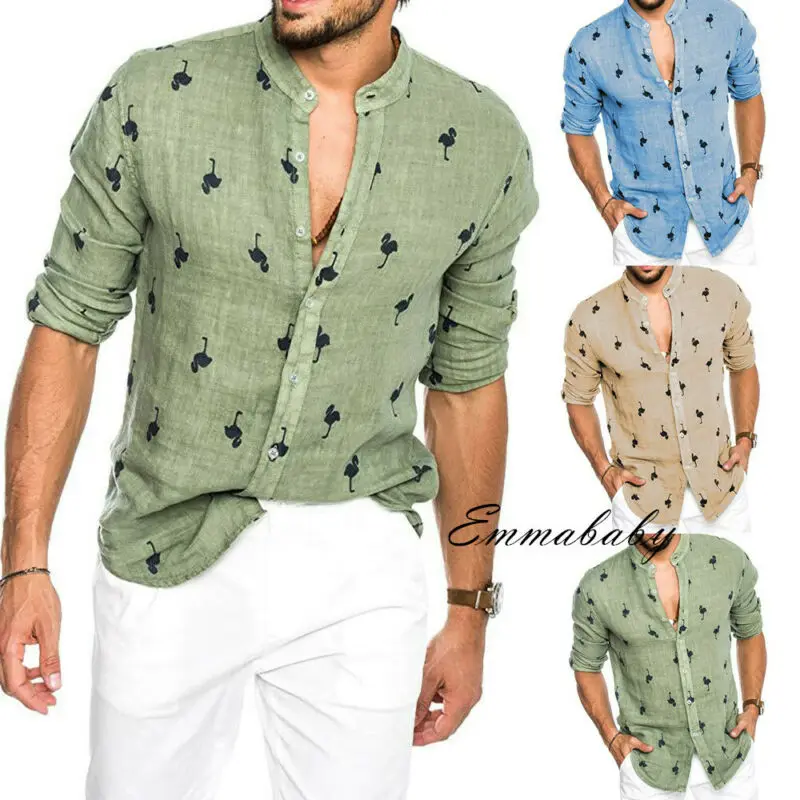 2019 verano camisetas Wen estampado botón sin cuello Casual de negocios vacaciones colgando informales| - AliExpress