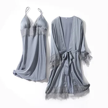 

Summer New Women Nighty&robe Set 2PCS Sleepwear Casual Satin Kimono Bath Gown Nightdress Sexy V-neck Lace Nightgown Home Clothes