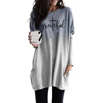 

New Fashion Grateful Letters Print T-Shirt For Women Gradient Long Sleeve Pocket T-Shirt Plus Size Women Tshirt Top Size Off The