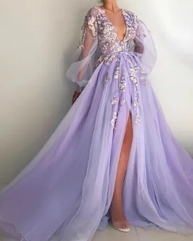 

Lavender Muslim Evening Dresses 2019 A-line Deep V-neck Tulle Lace Beaded Islamic Dubai Saudi Arabia Long Evening Gown Prom