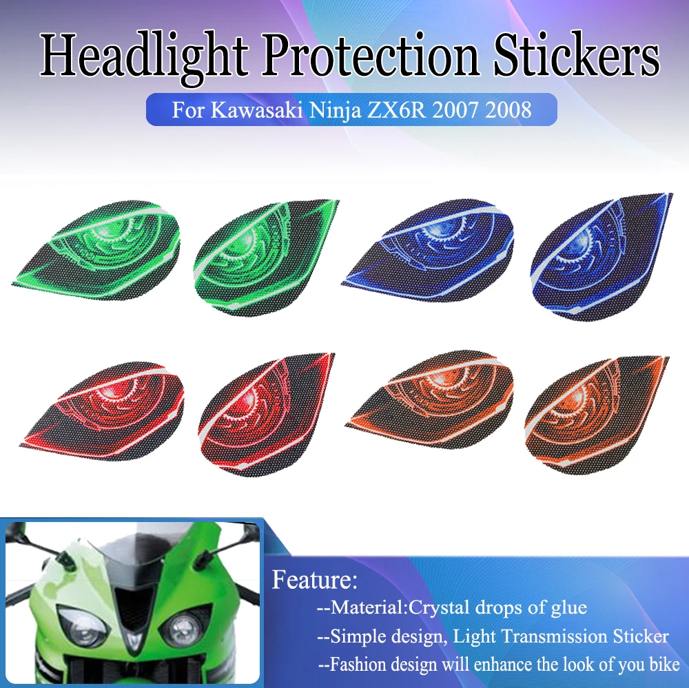 Headlight Stickers For Kawasaki Ninja ZX6R ZX-6R ZX 6R 2007 2008 Motorcycle 3D Front Fairing Head light Protection Sticker Guard