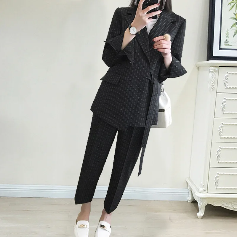 

New arrival women plus big size pant suit professional causal work striped fashion suit elastic waist pant comfortable pant suit