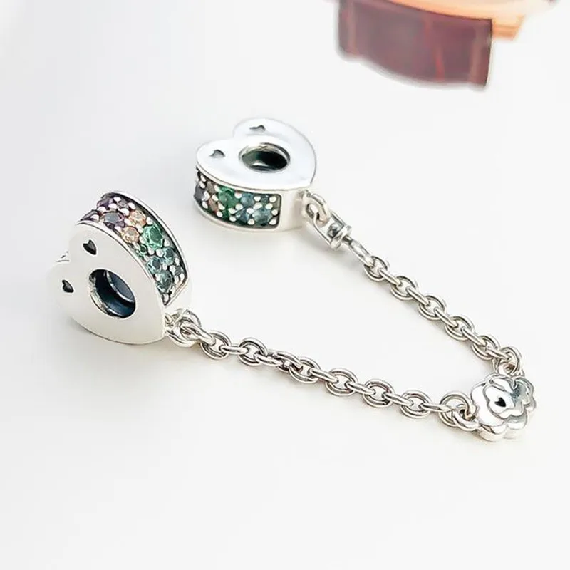 

100% 925 Sterling Silver Charm Fashionable And Colorful Heart-shaped Arc Safety Chain Fit Pandora Bracelet Diy Jewelry