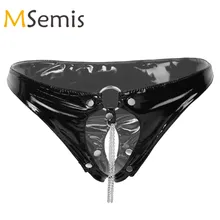 Женское нижнее белье с открытой промежностью, влажный вид, женское белье из лакированной кожи, низкая посадка, с металлическим круглым кольцом и цепочкой, трусы с вырезами, нижнее белье