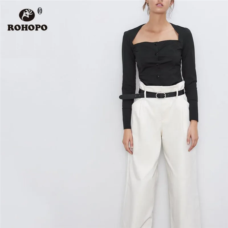 

ROHOPO Square Collar Long Sleeve Poplin Cotton Black White Blouse Front Button Fly Slim Tunic Solid Autumn Tops Blusa #9400