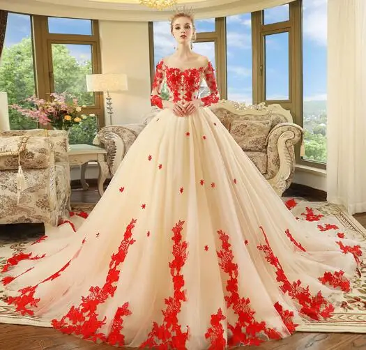 Роскошные бальные Свадебные платья с часовым шлейфом Vestido De Noiva Princesa красный орнамент жемчуг длинный рукав платье невесты - Цвет: picture color