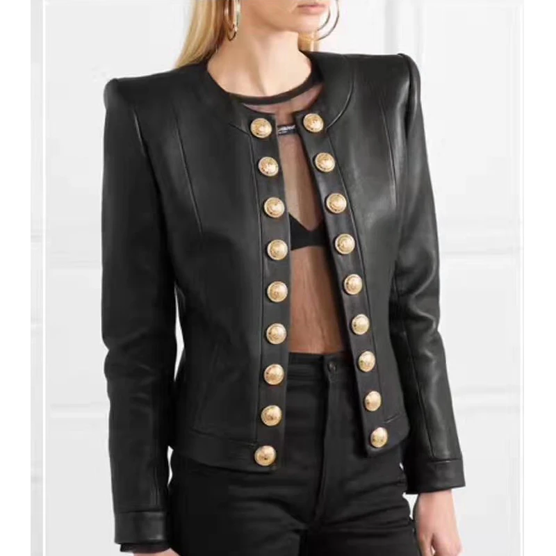 

Cosmicchic 2019 Women Sheepskin Black Jacket Gold Button Genuine Leather Jacket Female Sheep Leather Lion Button Short Coat