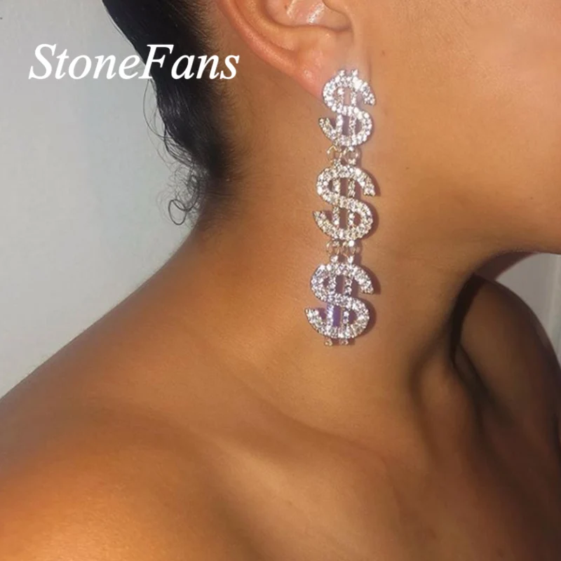 Эффектные висячие серьги StoneFans для женщин в форме доллара с кристаллами длинные