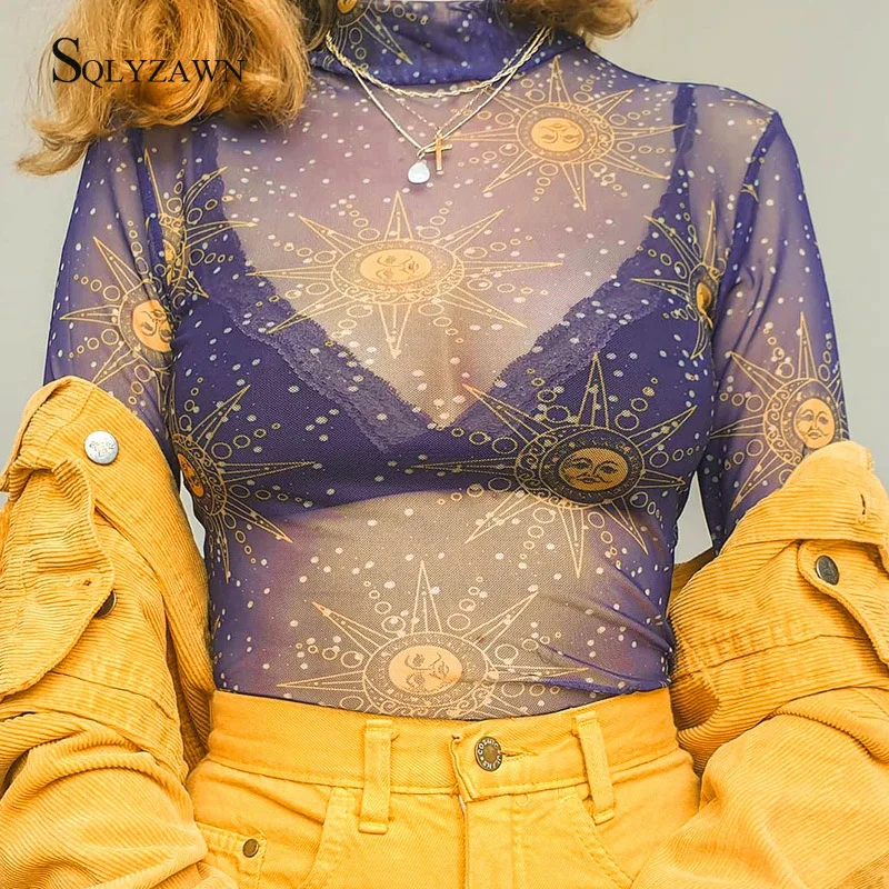 

New Women Sun Moon Print See Through Vest Camis Tees Ladies Summer Turtleneck Mesh Sheer Tanks Short Tops Tees Bralette Bustier