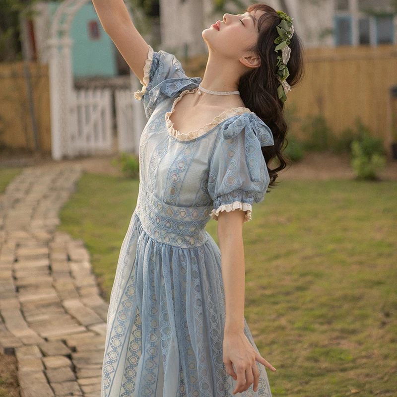

2019 New Fashion Women's Dresses Vintage Literary Dress Female Summer Popular Slash Neck Lace