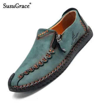 

SusuGrace Men Quality Loafers Casual Leather Male Slip-on Flat Driving Outside Slip Resistant Vintage Handmade Zapatos de hombre