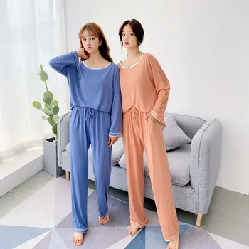 

Spring and Autumn modal long-sleeved trousers home suit women's loose large size pajamas two-piece set home clothes for women