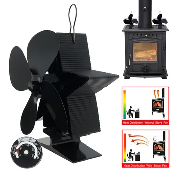 

Black Fireplace 4 Blade Heat Powered Stove Fan with Thermometer Log Wood Burner Eco Friendly Quiet Fan Home Heat Distribution