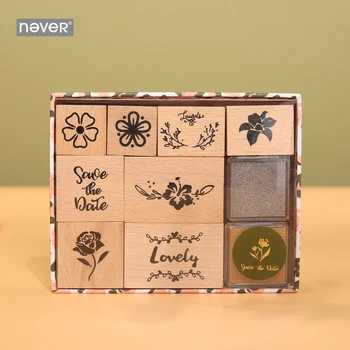 

Never Leopard Grain Stationery Set Planner Flowers Stamp Sets with Ink Pad English Art Wooden Stamp Girls Teachers Gift Supplies