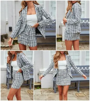 

Women Two-piece Set Plaid Tweed Suit Casual Blazer Suits Ladies Office Tops
